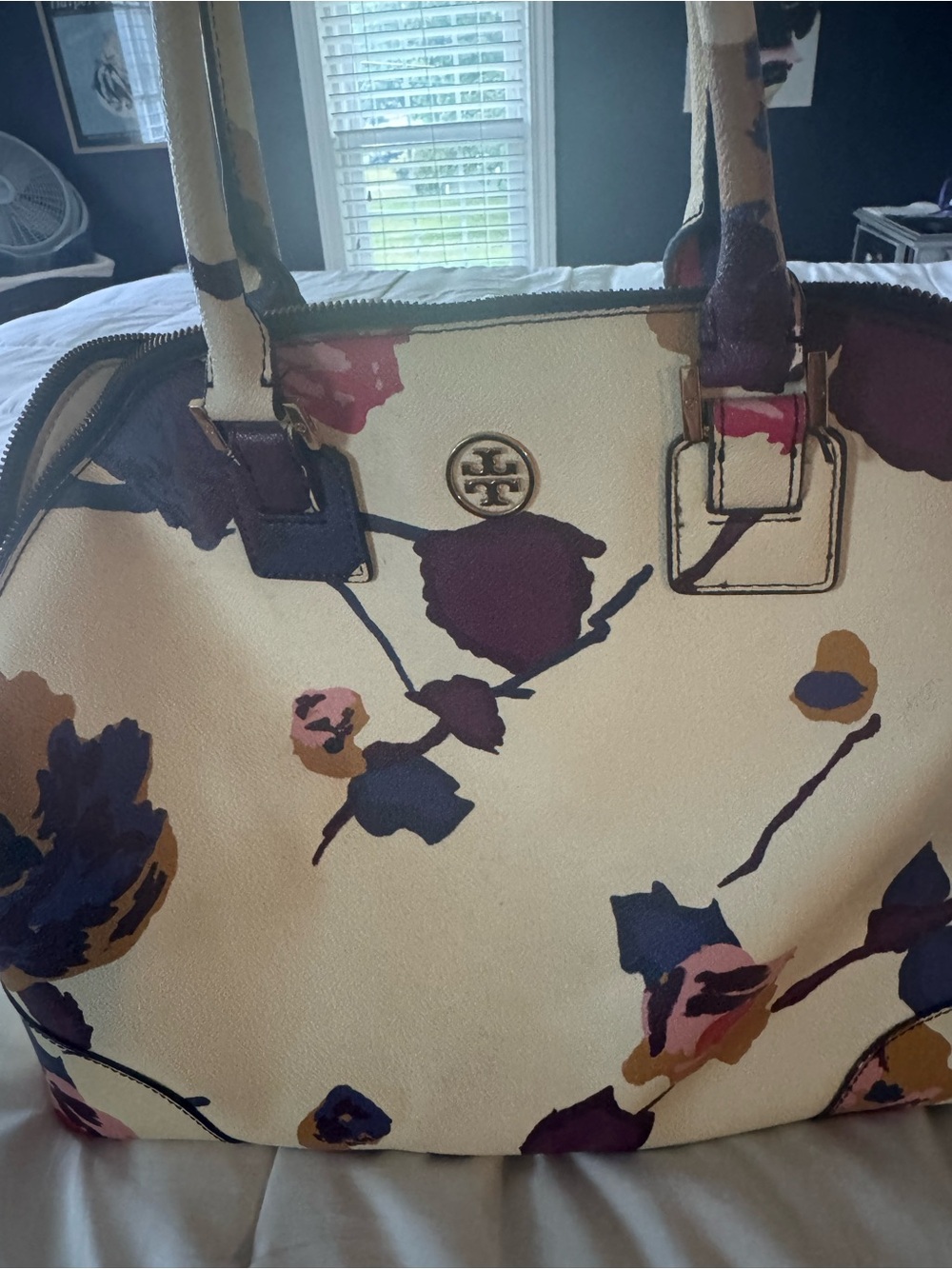 Tory Burch Cream Floral Satchel with Purple, Navy and Tan Accents